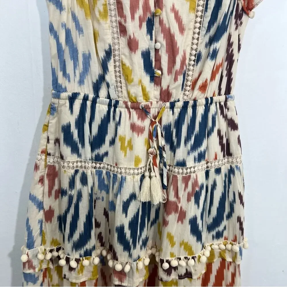 J. Crew Point Sur Tiered Pom Pom Midi Flutter Sleeve Cotton Ikat Dress Size 2